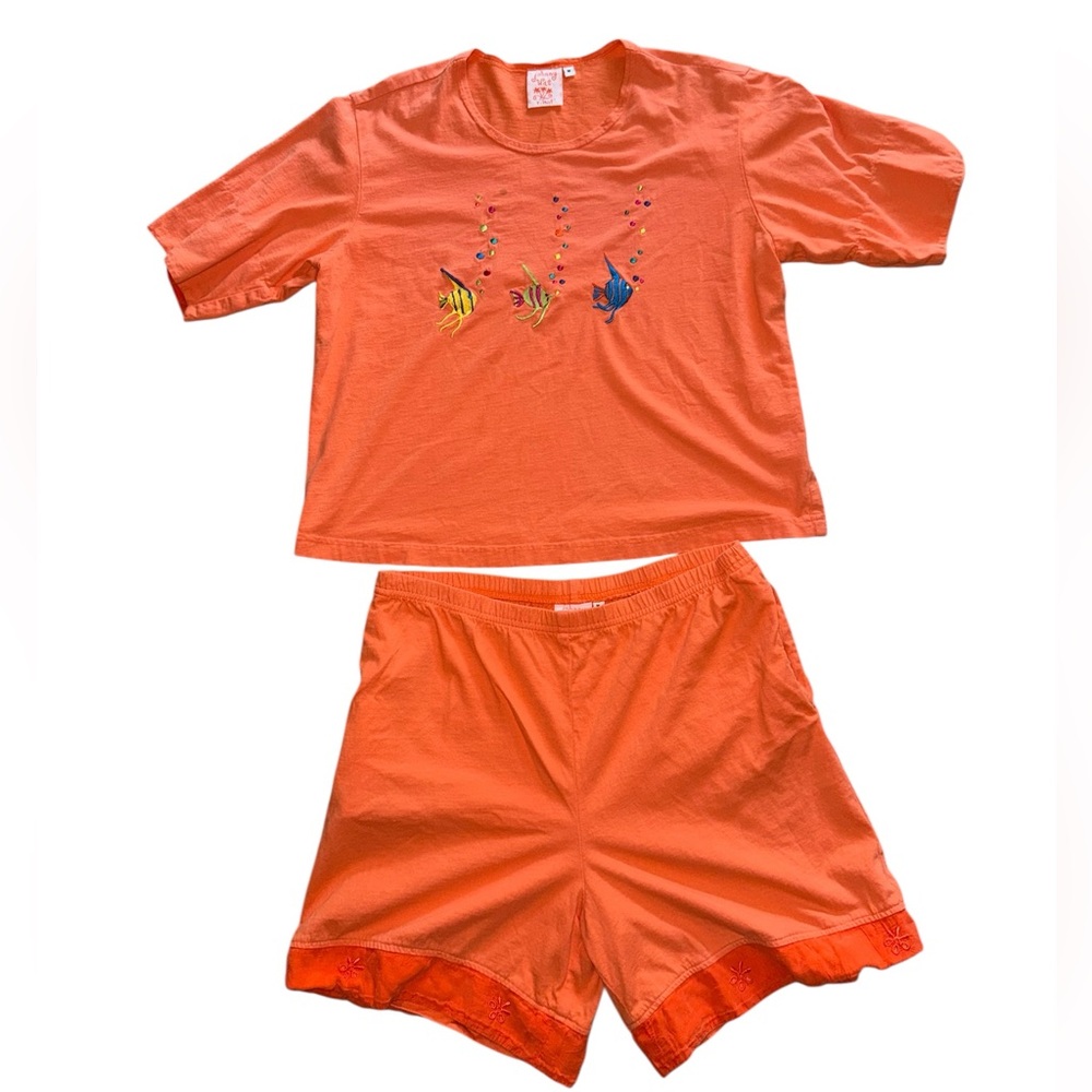 Johnny Was Orange Embroidered Fish Short Sleeve Tee
